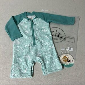 Caden Lane Swim Romper Baby 0-3 Months Green UPF 50+ Long Sleeve Rash Guard